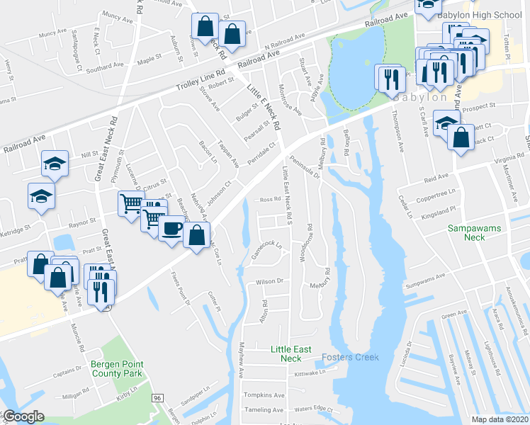map of restaurants, bars, coffee shops, grocery stores, and more near 29 Greenway Street South in Babylon