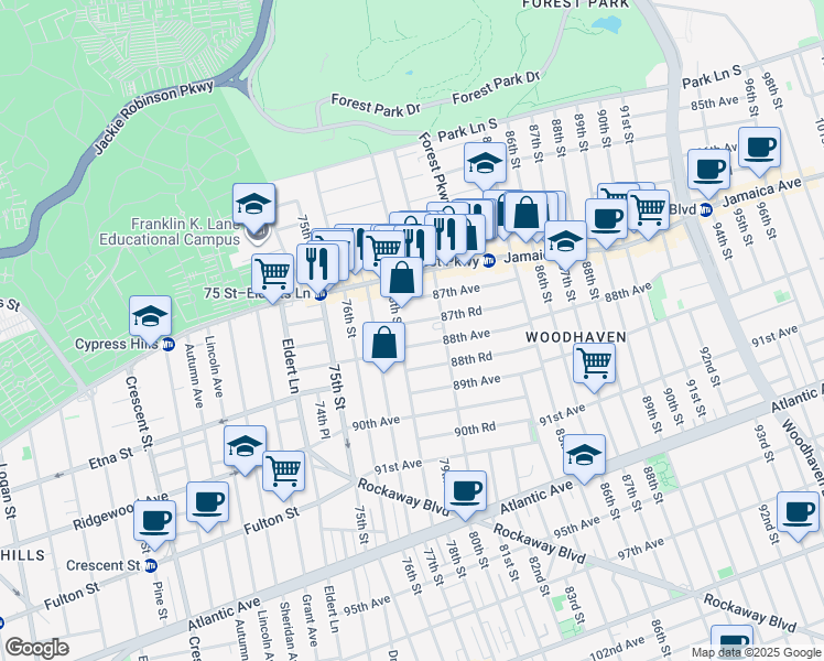 map of restaurants, bars, coffee shops, grocery stores, and more near 78-12 87th Road in Queens