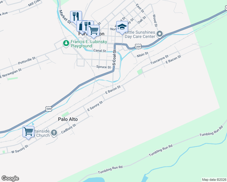 map of restaurants, bars, coffee shops, grocery stores, and more near 356 East Bacon Street in Pottsville