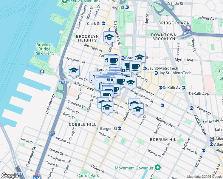 map of restaurants, bars, coffee shops, grocery stores, and more near Court Street & State Street in Brooklyn