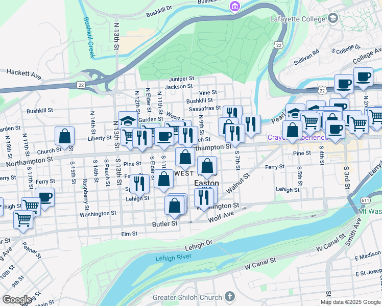 map of restaurants, bars, coffee shops, grocery stores, and more near 926 Northampton Street in Easton
