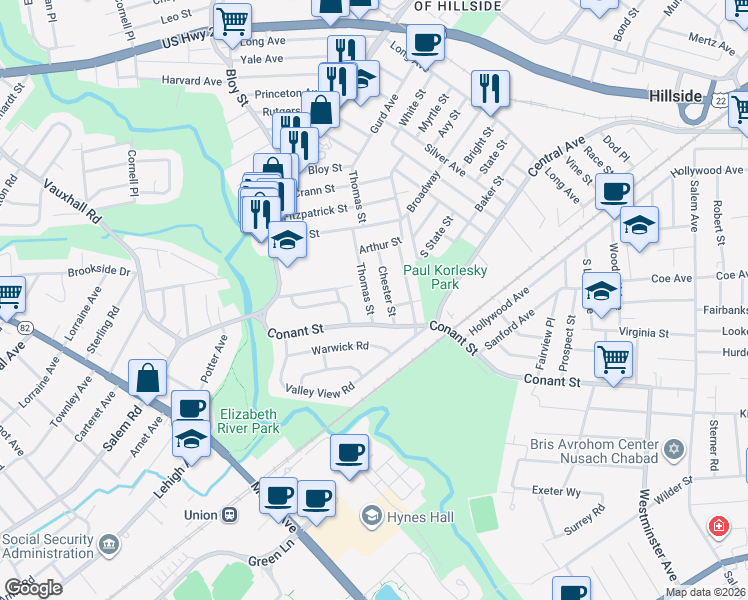 map of restaurants, bars, coffee shops, grocery stores, and more near 1044 Chester Street in Hillside