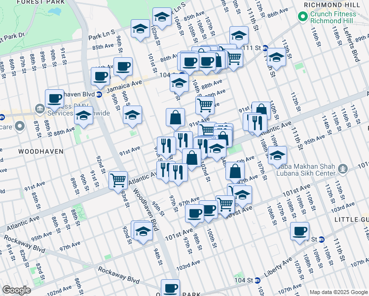 map of restaurants, bars, coffee shops, grocery stores, and more near in Queens