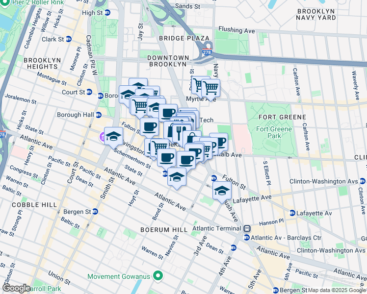 map of restaurants, bars, coffee shops, grocery stores, and more near 1 DeKalb Avenue in Brooklyn