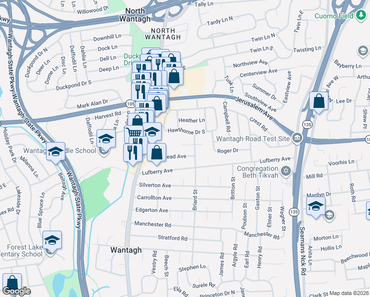 map of restaurants, bars, coffee shops, grocery stores, and more near 3486 West Major Drive in Wantagh