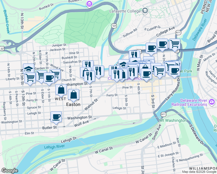 map of restaurants, bars, coffee shops, grocery stores, and more near 646 Pine Street in Easton