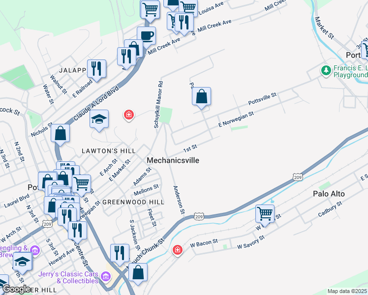 map of restaurants, bars, coffee shops, grocery stores, and more near 744 1st St in Pottsville