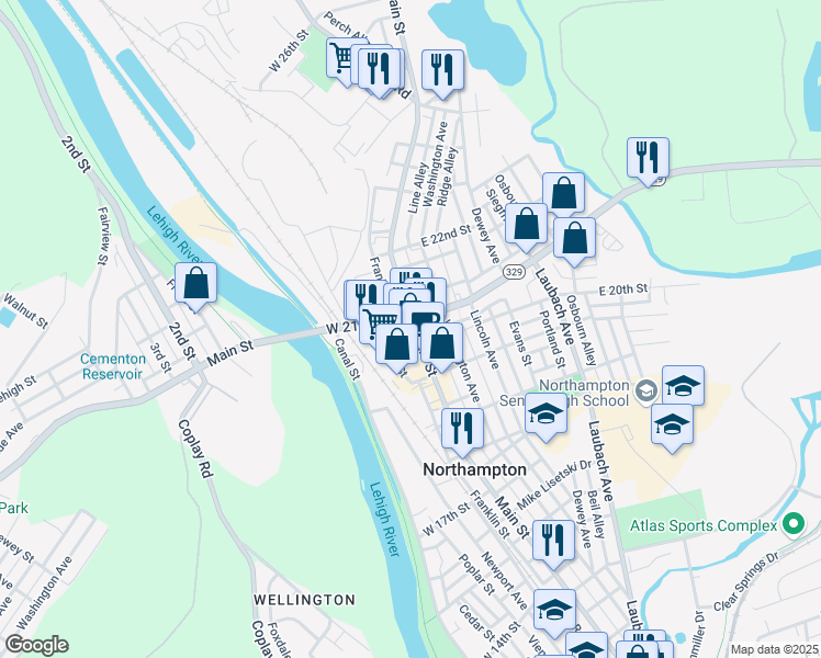 map of restaurants, bars, coffee shops, grocery stores, and more near 2050 Main Street in Northampton