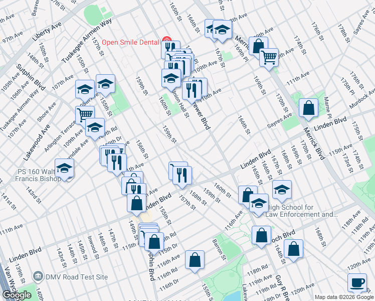 map of restaurants, bars, coffee shops, grocery stores, and more near 111-14 160th Street in Queens