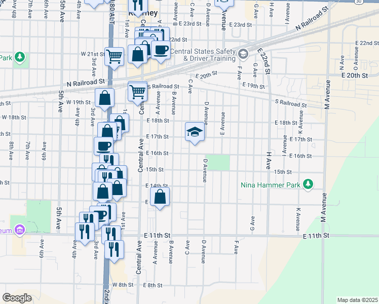 map of restaurants, bars, coffee shops, grocery stores, and more near 1611 C Avenue in Kearney