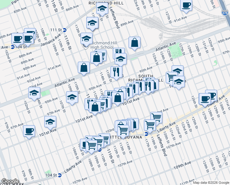 map of restaurants, bars, coffee shops, grocery stores, and more near 95-31 115th Street in Queens