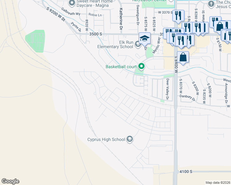map of restaurants, bars, coffee shops, grocery stores, and more near 8748 Mineral Grove Drive in Magna