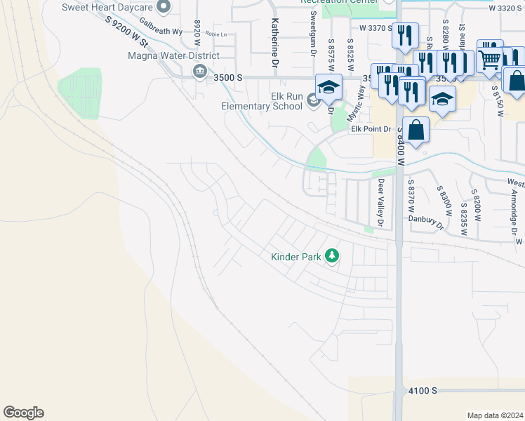 map of restaurants, bars, coffee shops, grocery stores, and more near 8748 Mineral Grove Drive in Magna