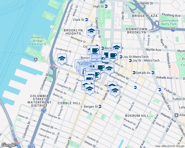 map of restaurants, bars, coffee shops, grocery stores, and more near 200 State Street in Brooklyn
