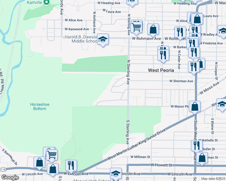 map of restaurants, bars, coffee shops, grocery stores, and more near 2526 West Sherman Avenue in Peoria