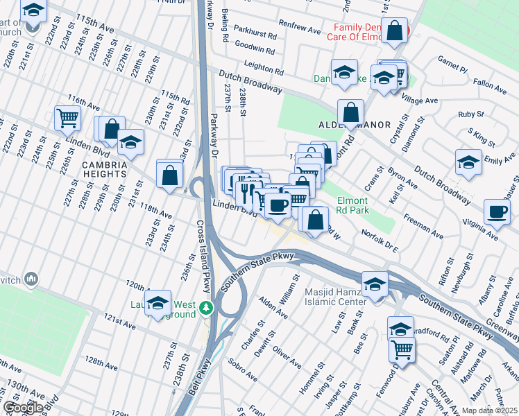 map of restaurants, bars, coffee shops, grocery stores, and more near 239 Linden Boulevard in Elmont