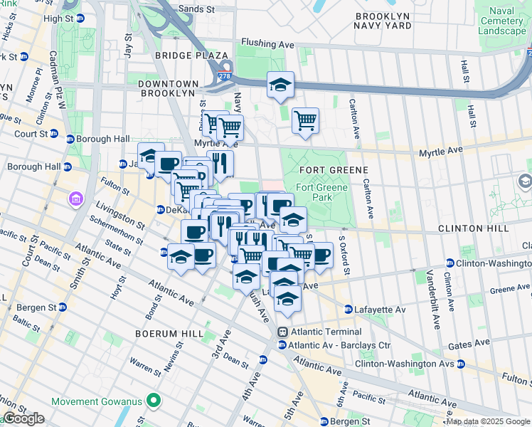 map of restaurants, bars, coffee shops, grocery stores, and more near 157 Ashland Place in Brooklyn