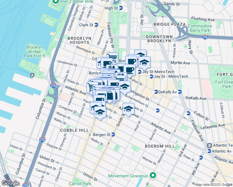 map of restaurants, bars, coffee shops, grocery stores, and more near 99 Schermerhorn Street in Brooklyn