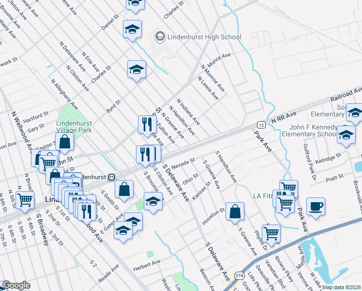 map of restaurants, bars, coffee shops, grocery stores, and more near 32 North Fulton Avenue in Lindenhurst