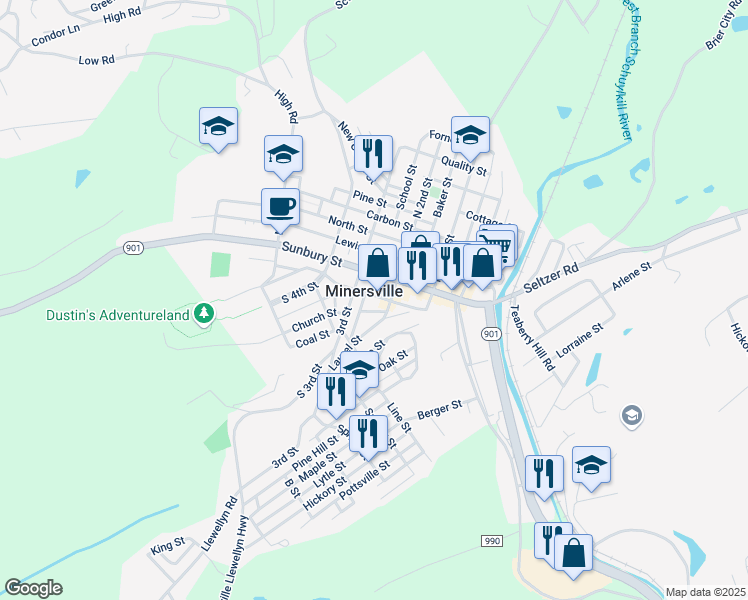map of restaurants, bars, coffee shops, grocery stores, and more near 221 South Street in Minersville