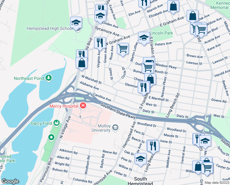 map of restaurants, bars, coffee shops, grocery stores, and more near 121 Alabama Avenue in Hempstead