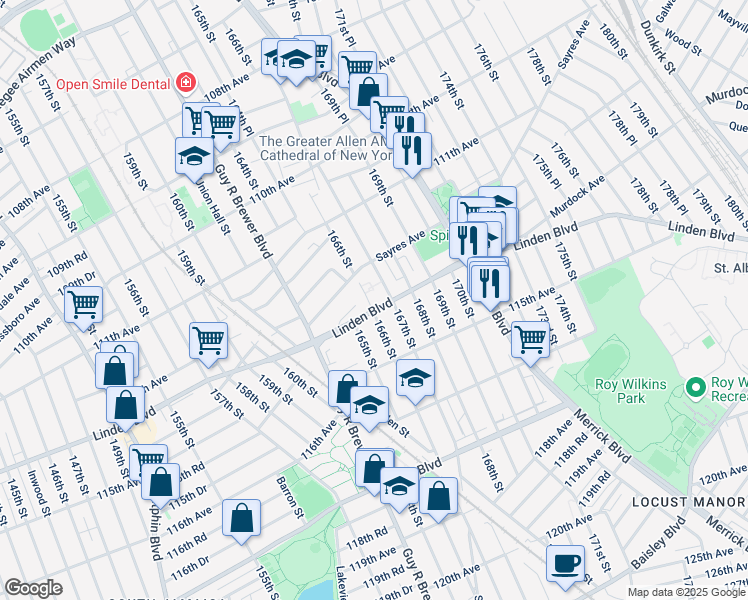 map of restaurants, bars, coffee shops, grocery stores, and more near 166-01 Linden Boulevard in Queens