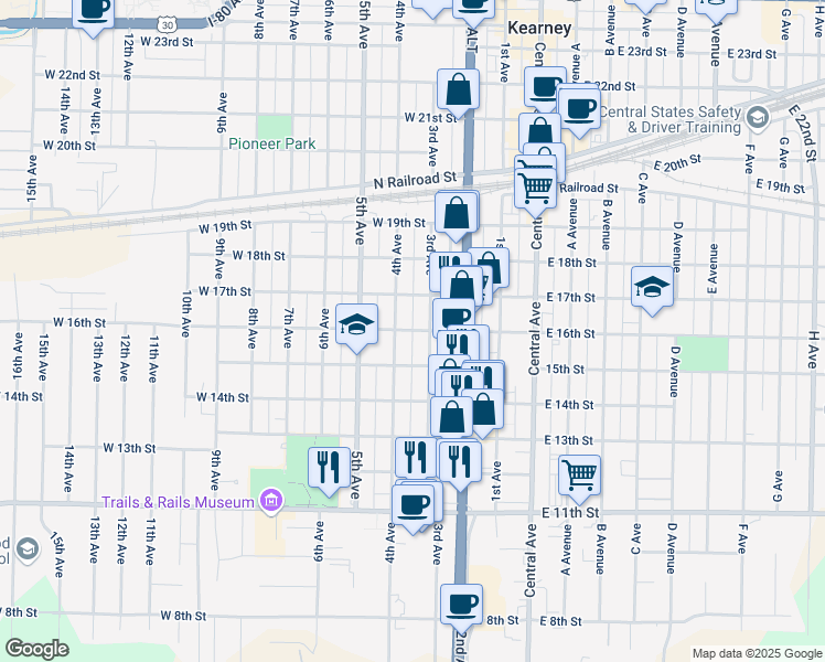 map of restaurants, bars, coffee shops, grocery stores, and more near 351 West 16th Street in Kearney