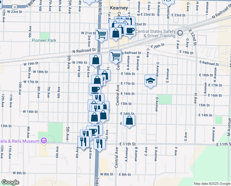 map of restaurants, bars, coffee shops, grocery stores, and more near 1600 Central Avenue in Kearney