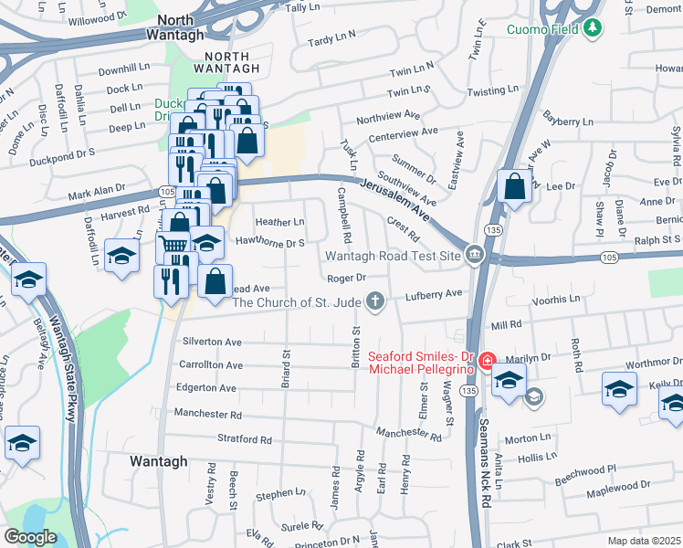map of restaurants, bars, coffee shops, grocery stores, and more near 3563 Roger Drive in Wantagh