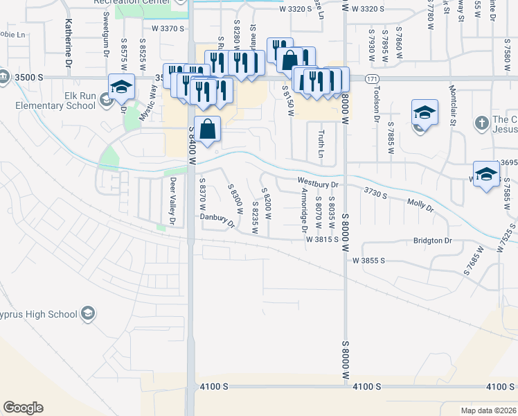 map of restaurants, bars, coffee shops, grocery stores, and more near 3755 South 8235 West in Magna