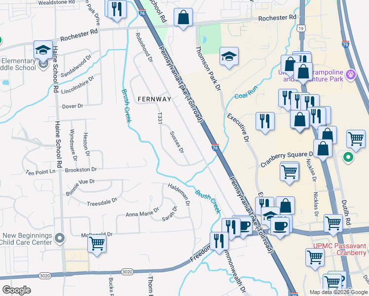 map of restaurants, bars, coffee shops, grocery stores, and more near 419 T333 in Cranberry Township