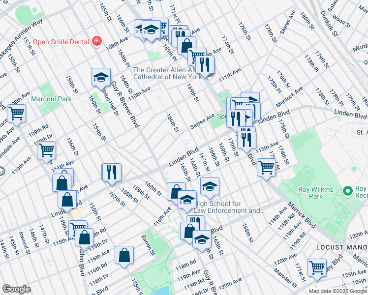 map of restaurants, bars, coffee shops, grocery stores, and more near 164-45 O'Donnell Road in Queens