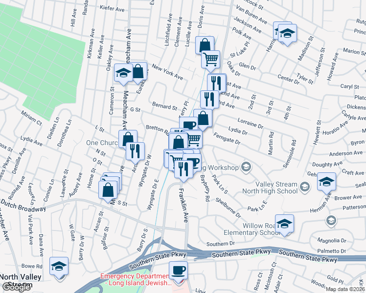 map of restaurants, bars, coffee shops, grocery stores, and more near 596 Franklin Avenue in Elmont