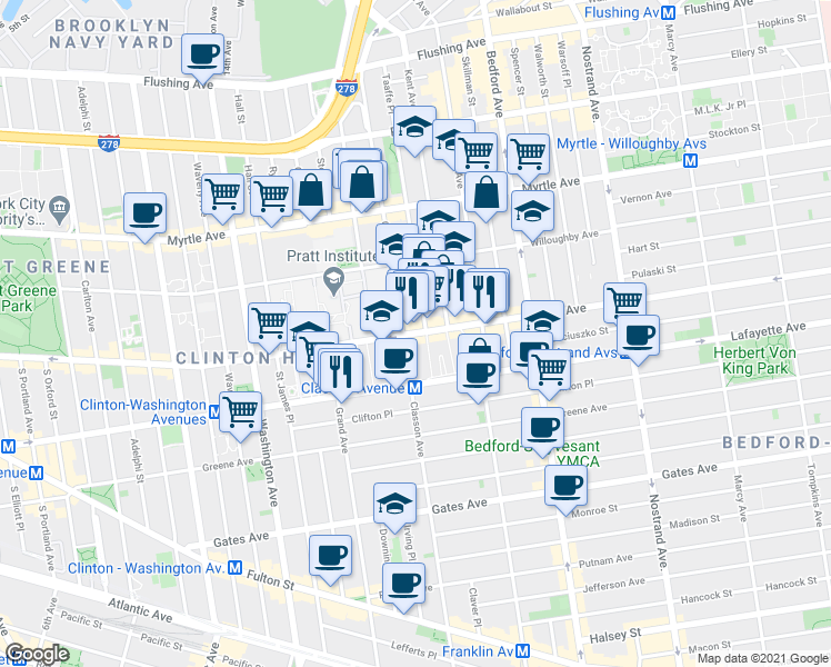 map of restaurants, bars, coffee shops, grocery stores, and more near 442 Dekalb Avenue in Brooklyn