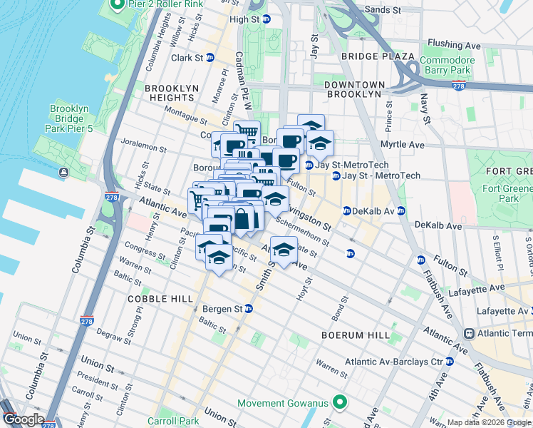 map of restaurants, bars, coffee shops, grocery stores, and more near 99 Schermerhorn Street in Brooklyn