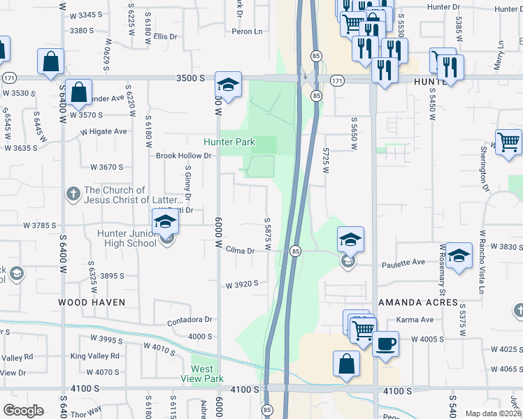 map of restaurants, bars, coffee shops, grocery stores, and more near 3754 Marsha Drive in West Valley City