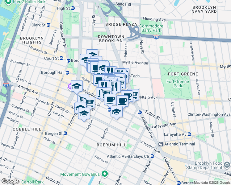 map of restaurants, bars, coffee shops, grocery stores, and more near 519 Fulton Street in Brooklyn