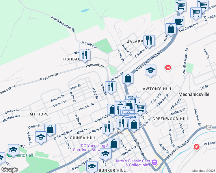 map of restaurants, bars, coffee shops, grocery stores, and more near 547 North Centre Street in Pottsville