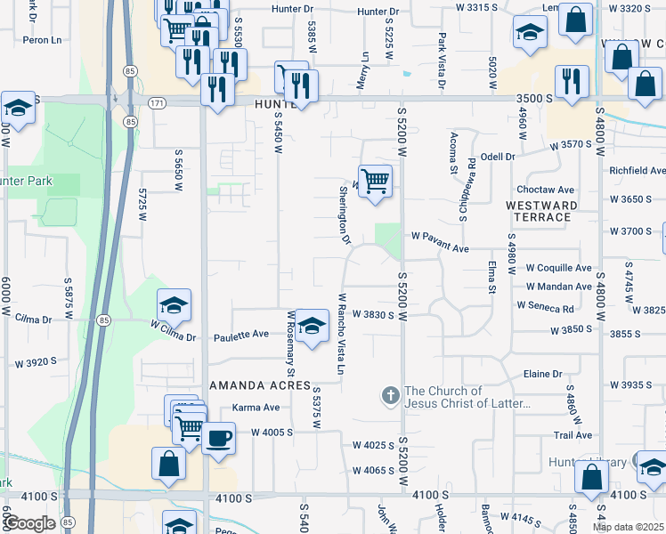 map of restaurants, bars, coffee shops, grocery stores, and more near 5341 Moshier Lane in West Valley City