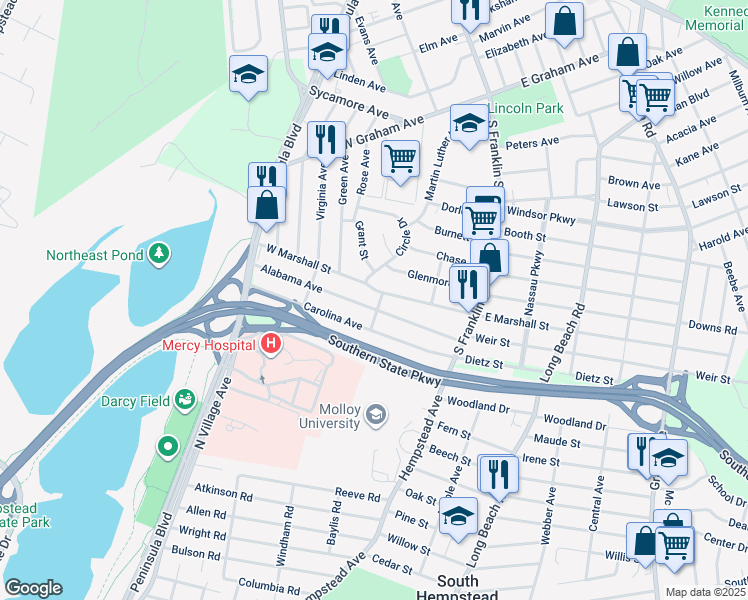 map of restaurants, bars, coffee shops, grocery stores, and more near 121 Alabama Avenue in Hempstead
