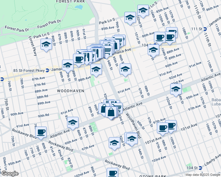 map of restaurants, bars, coffee shops, grocery stores, and more near 89-18 Woodhaven Boulevard in Queens