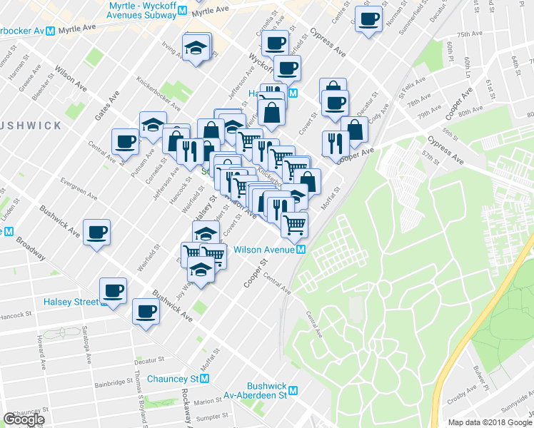 map of restaurants, bars, coffee shops, grocery stores, and more near 220 Schaefer Street in Brooklyn