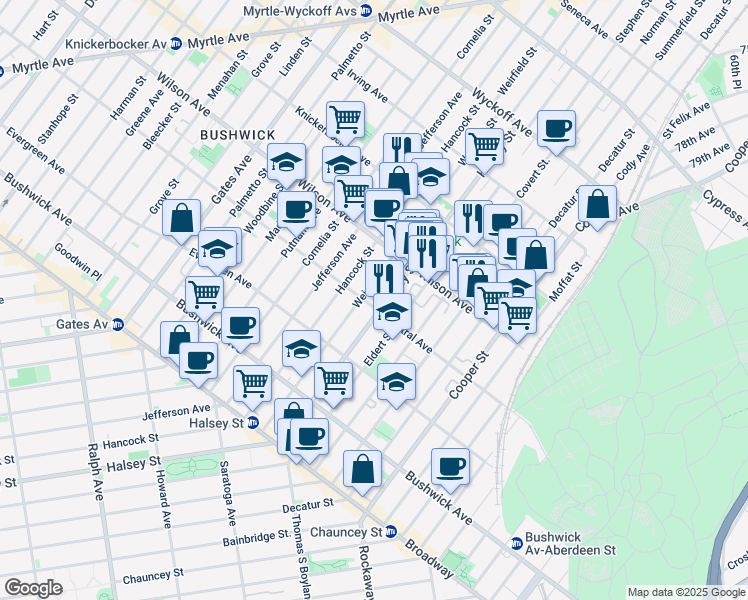 map of restaurants, bars, coffee shops, grocery stores, and more near 1155 Halsey Street in Brooklyn