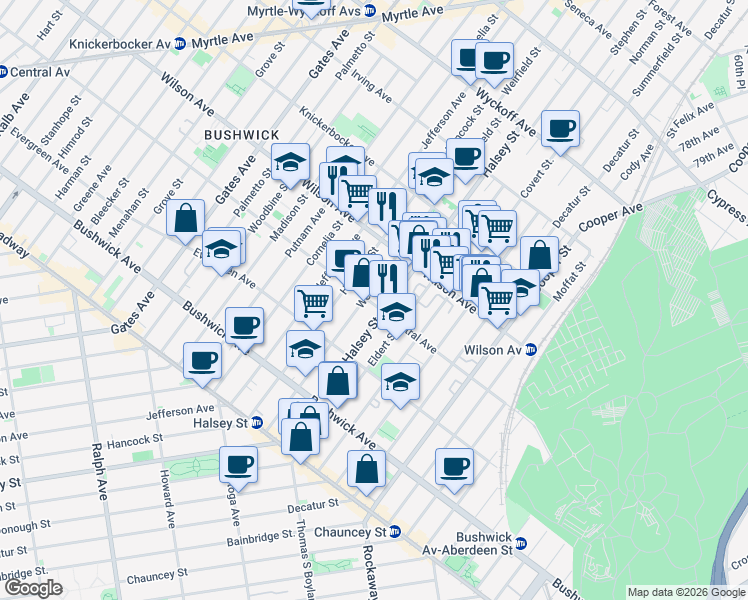 map of restaurants, bars, coffee shops, grocery stores, and more near 1155 Halsey Street in Brooklyn