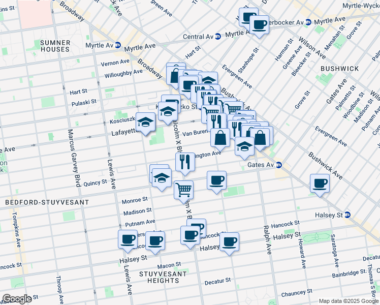 map of restaurants, bars, coffee shops, grocery stores, and more near 803 Lexington Avenue in Brooklyn