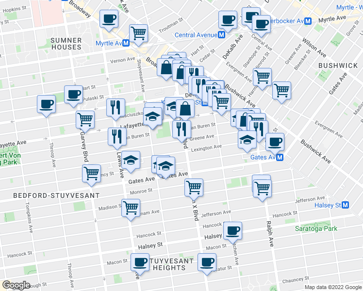 map of restaurants, bars, coffee shops, grocery stores, and more near 91A Malcolm X Boulevard in Brooklyn