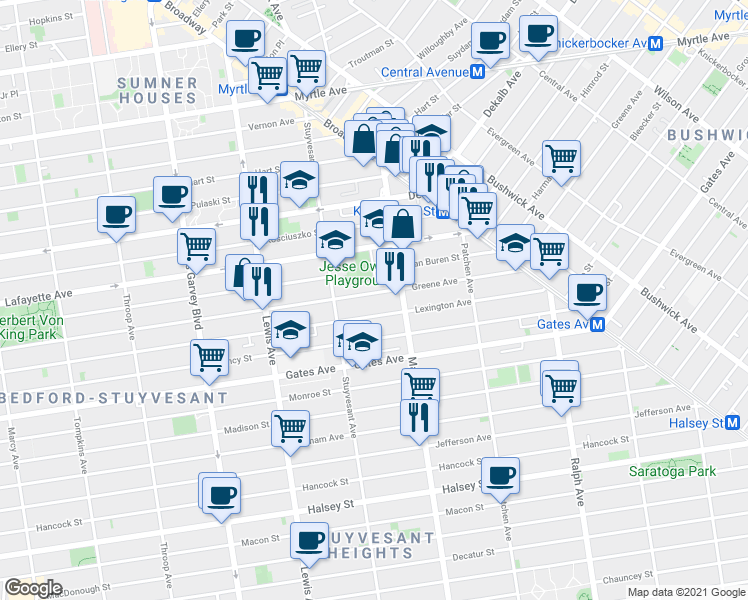 map of restaurants, bars, coffee shops, grocery stores, and more near 900A Greene Avenue in Brooklyn