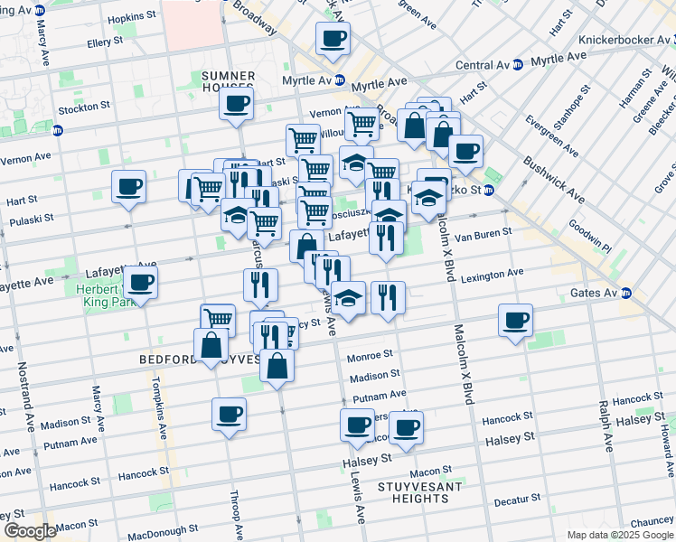 map of restaurants, bars, coffee shops, grocery stores, and more near 181 Lewis Avenue in Brooklyn