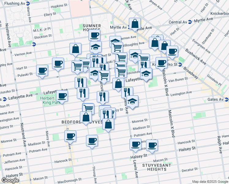 map of restaurants, bars, coffee shops, grocery stores, and more near 2 Van Buren Street in Brooklyn