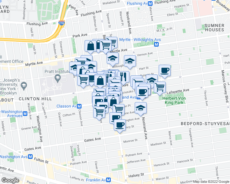 map of restaurants, bars, coffee shops, grocery stores, and more near in Brooklyn